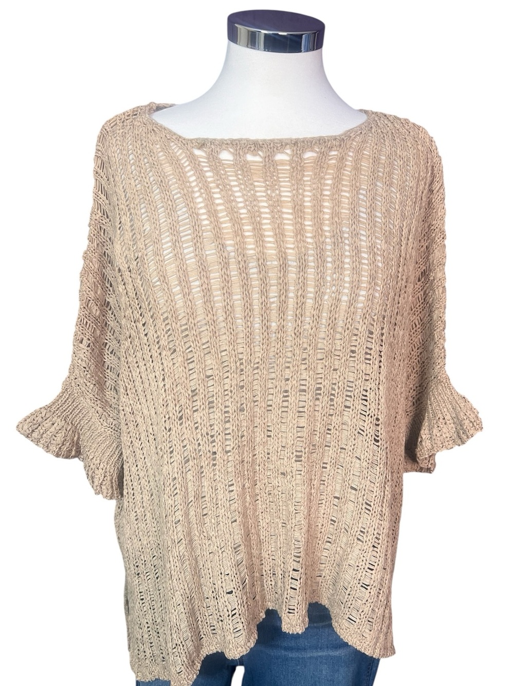 Coco Beige 27” Open Knit Short Sleeve Sweater Top